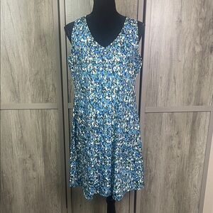 New!  OfeefaN Blue White Green Floral Sleeveless Tank Swing Dress Women’s M